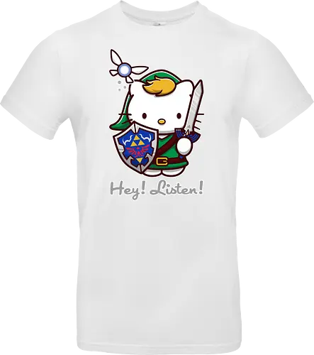 Niedliche Figur als Held mit Magischem Schild - niedliche Figur, ausgerüsteter Held, magischer Schild, Feenbegleiterin, glänzendes Schwert, Kawaii-Mashup, episches Abenteuer, Cat, legend, Hero of Time, Navi, Hey Listen, Sanrio, Ocarina, bunte Fantasie, fliegende magische Kreatur, Vektorillustration, grüner Helm, entzückender Krieger, Dreieckssymbol, Warnphrase, nostalgischer Gamer-Stil - Standard T-Shirt