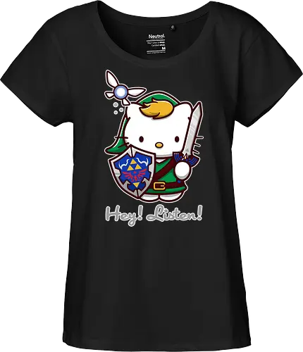 Niedliche Figur als Held mit Magischem Schild - niedliche Figur, ausgerüsteter Held, magischer Schild, Feenbegleiterin, glänzendes Schwert, Kawaii-Mashup, episches Abenteuer, Cat, legend, Hero of Time, Navi, Hey Listen, Sanrio, Ocarina, bunte Fantasie, fliegende magische Kreatur, Vektorillustration, grüner Helm, entzückender Krieger, Dreieckssymbol, Warnphrase, nostalgischer Gamer-Stil - Fairtrade Girl Shirt