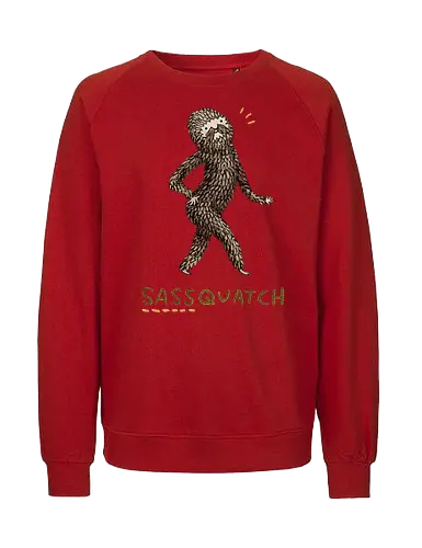 Braunes Pelziges Wesen Freche Pose Haltung Rosige Wangen - braunes pelziges eitles Wesen, elegante selbstbewusste mythische Pose, rosige Wangen goldener Glanz, Wald Legende Wortspiel, kreative Haltung Humor Kunst, handgefertigte Wesen Illustration, strukturiertes braunes beiges Fell, lustige moosgrüne Typografie, Popkultur Humor Geschenk, mythisches Wesen Haltung Shirt, Stadtlegende süße Illustration, Folklore Wesen Humor Kunst, pelziger Charakter Laufsteg Pose, Wald Wesen Pop Humor, kreatives englisches Folklore Wortspiel - Fairtrade Sweatshirt