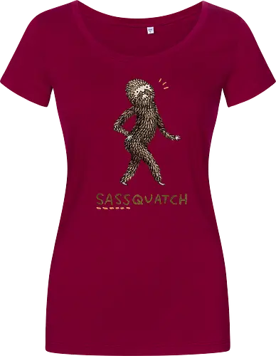 Braunes Pelziges Wesen Freche Pose Haltung Rosige Wangen - braunes pelziges eitles Wesen, elegante selbstbewusste mythische Pose, rosige Wangen goldener Glanz, Wald Legende Wortspiel, kreative Haltung Humor Kunst, handgefertigte Wesen Illustration, strukturiertes braunes beiges Fell, lustige moosgrüne Typografie, Popkultur Humor Geschenk, mythisches Wesen Haltung Shirt, Stadtlegende süße Illustration, Folklore Wesen Humor Kunst, pelziger Charakter Laufsteg Pose, Wald Wesen Pop Humor, kreatives englisches Folklore Wortspiel - Women T-Shirt
