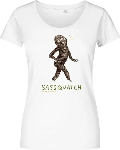 Braunes Pelziges Wesen Freche Pose Haltung Rosige Wangen - braunes pelziges eitles Wesen, elegante selbstbewusste mythische Pose, rosige Wangen goldener Glanz, Wald Legende Wortspiel, kreative Haltung Humor Kunst, handgefertigte Wesen Illustration, strukturiertes braunes beiges Fell, lustige moosgrüne Typografie, Popkultur Humor Geschenk, mythisches Wesen Haltung Shirt, Stadtlegende süße Illustration, Folklore Wesen Humor Kunst, pelziger Charakter Laufsteg Pose, Wald Wesen Pop Humor, kreatives englisches Folklore Wortspiel - Women T-Shirt