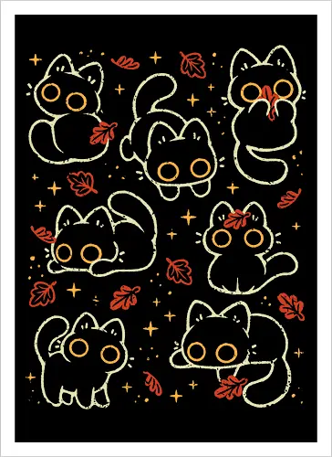Cute Black Cats with Autumn Leaves - autumn cat, cute black cat, autumn, autumn leaves, fall, warm, cozy, hygge, kitty, october, love, pattern, seamless, nature, xmorfina - Artprint