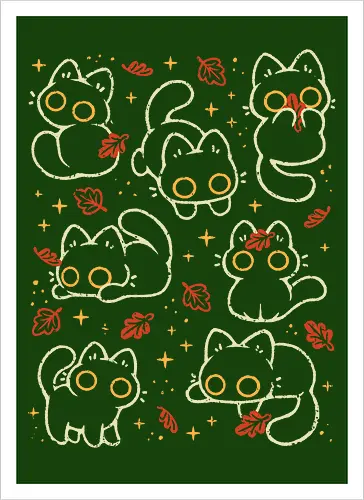 Cute Black Cats with Autumn Leaves - autumn cat, cute black cat, autumn, autumn leaves, fall, warm, cozy, hygge, kitty, october, love, pattern, seamless, nature, xmorfina - Artprint