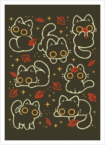 Cute Black Cats with Autumn Leaves - autumn cat, cute black cat, autumn, autumn leaves, fall, warm, cozy, hygge, kitty, october, love, pattern, seamless, nature, xmorfina - Artprint