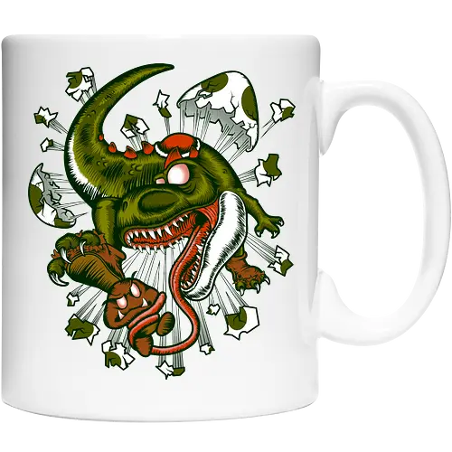 Wildes Reptil Verschlingt Niedliche Kreatur in Düsterer Kunst - wildes Reptil, verschlungene Kreatur, düstere Kunst, Old-School-Tattoo, grünes Monster, Eierschalen, scharfe Zähne, bedrohliche Krallen, Dino, Goomba, Mario, Super Mario World, old school, gamer, geek, Mario Bros, Villain, dark, lange Zunge, grotesque Illustration, Underground-Stil, mutierte Kreatur, monströser Dinosaurier, alternative Kunst, düstere Neuinterpretation - Cup