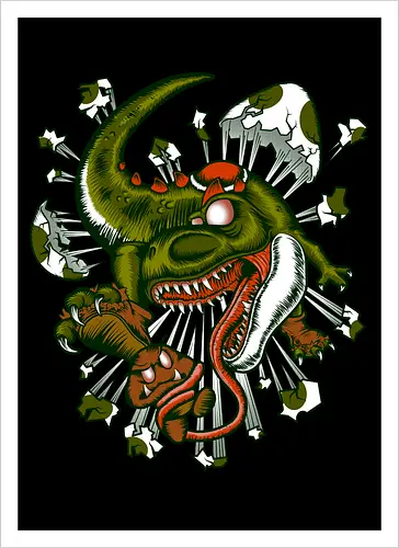Wildes Reptil Verschlingt Niedliche Kreatur in Düsterer Kunst - wildes Reptil, verschlungene Kreatur, düstere Kunst, Old-School-Tattoo, grünes Monster, Eierschalen, scharfe Zähne, bedrohliche Krallen, Dino, Goomba, Mario, Super Mario World, old school, gamer, geek, Mario Bros, Villain, dark, lange Zunge, grotesque Illustration, Underground-Stil, mutierte Kreatur, monströser Dinosaurier, alternative Kunst, düstere Neuinterpretation - Artprint
