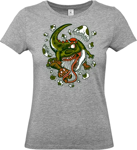 Wildes Reptil Verschlingt Niedliche Kreatur in Düsterer Kunst - wildes Reptil, verschlungene Kreatur, düstere Kunst, Old-School-Tattoo, grünes Monster, Eierschalen, scharfe Zähne, bedrohliche Krallen, Dino, Goomba, Mario, Super Mario World, old school, gamer, geek, Mario Bros, Villain, dark, lange Zunge, grotesque Illustration, Underground-Stil, mutierte Kreatur, monströser Dinosaurier, alternative Kunst, düstere Neuinterpretation - Standard T-Shirt (Women)