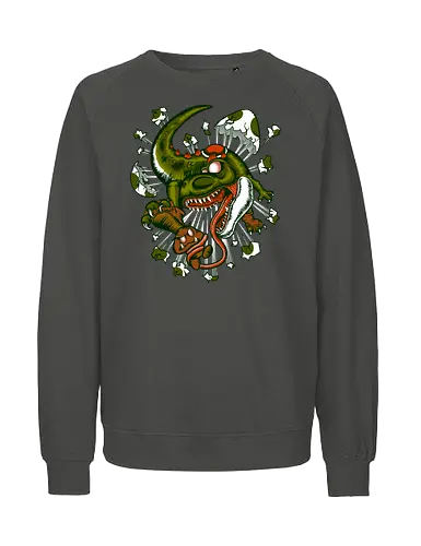 Wildes Reptil Verschlingt Niedliche Kreatur in Düsterer Kunst - wildes Reptil, verschlungene Kreatur, düstere Kunst, Old-School-Tattoo, grünes Monster, Eierschalen, scharfe Zähne, bedrohliche Krallen, Dino, Goomba, Mario, Super Mario World, old school, gamer, geek, Mario Bros, Villain, dark, lange Zunge, grotesque Illustration, Underground-Stil, mutierte Kreatur, monströser Dinosaurier, alternative Kunst, düstere Neuinterpretation - Fairtrade Sweatshirt