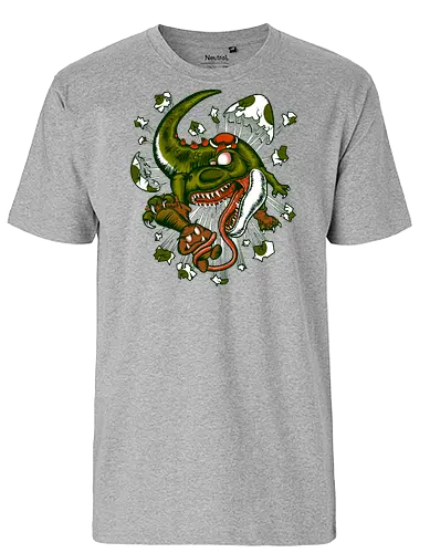 Wildes Reptil Verschlingt Niedliche Kreatur in Düsterer Kunst - wildes Reptil, verschlungene Kreatur, düstere Kunst, Old-School-Tattoo, grünes Monster, Eierschalen, scharfe Zähne, bedrohliche Krallen, Dino, Goomba, Mario, Super Mario World, old school, gamer, geek, Mario Bros, Villain, dark, lange Zunge, grotesque Illustration, Underground-Stil, mutierte Kreatur, monströser Dinosaurier, alternative Kunst, düstere Neuinterpretation - Fairtrade T-Shirt