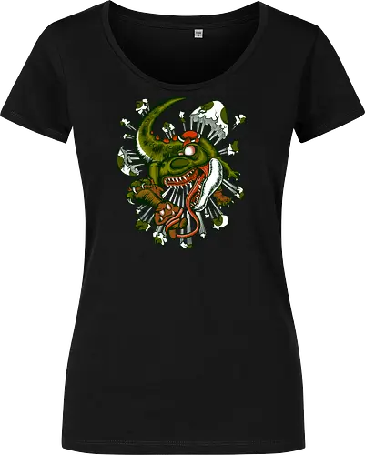 Wildes Reptil Verschlingt Niedliche Kreatur in Düsterer Kunst - wildes Reptil, verschlungene Kreatur, düstere Kunst, Old-School-Tattoo, grünes Monster, Eierschalen, scharfe Zähne, bedrohliche Krallen, Dino, Goomba, Mario, Super Mario World, old school, gamer, geek, Mario Bros, Villain, dark, lange Zunge, grotesque Illustration, Underground-Stil, mutierte Kreatur, monströser Dinosaurier, alternative Kunst, düstere Neuinterpretation - Women T-Shirt