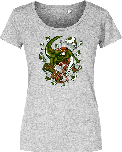 Wildes Reptil Verschlingt Niedliche Kreatur in Düsterer Kunst - wildes Reptil, verschlungene Kreatur, düstere Kunst, Old-School-Tattoo, grünes Monster, Eierschalen, scharfe Zähne, bedrohliche Krallen, Dino, Goomba, Mario, Super Mario World, old school, gamer, geek, Mario Bros, Villain, dark, lange Zunge, grotesque Illustration, Underground-Stil, mutierte Kreatur, monströser Dinosaurier, alternative Kunst, düstere Neuinterpretation - Women T-Shirt