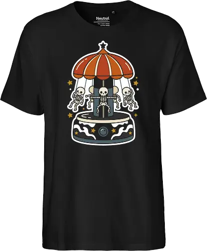 Spooky Carnival: The Skeleton Swing Ride - skeleton carousel shirt, creepy cute graphic tee, vintage carnival apparel, spooky aesthetic streetwear, halloween amusement park merch, weirdcore fashion, macabre pop art tee, retro autumn clothing, skeleton ride design, alternative halloween graphic - Fairtrade T-Shirt