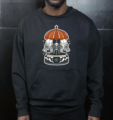 Spooky Carnival: The Skeleton Swing Ride - skeleton carousel shirt, creepy cute graphic tee, vintage carnival apparel, spooky aesthetic streetwear, halloween amusement park merch, weirdcore fashion, macabre pop art tee, retro autumn clothing, skeleton ride design, alternative halloween graphic - Cropped Sweatshirt