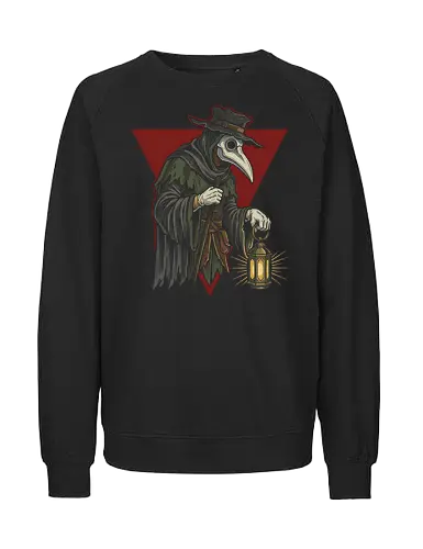 The Healer's Lantern: Plague Doctor - plague doctor shirt, vintage medical graphic tee, dark academia streetwear, gothic aesthetic apparel, macabre historical clothing, creepy bird mask design, retro woodcut art shirt, alternative dark fashion, spooky halloween graphic, medieval plague merch - Fairtrade Sweatshirt