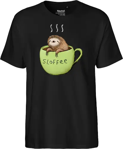 Braunes Faultier Grüne Kaffeetasse Dampf Süßes Wortspiel - Faultier in Kaffeetasse, lebhafte grüne dampfende Tasse, lächelndes ruhiges Faultier, Tier Kaffee Wortspiel, Morgen Humor Kaffee Kunst, handgefertigte Faultier Illustration, strukturiertes braunes beiges Fell, weißer Dampf heißer Kaffee, Kaffee Faultier Liebhaber Geschenk, Faultier Tasse Shirt, Krallen hängende Tassenrand, süßer Morgen Kaffee Humor, englisches Tier Kaffee Wortspiel, entspanntes Faultier in Tasse, kreative Kaffee Tier Kunst - Fairtrade T-Shirt