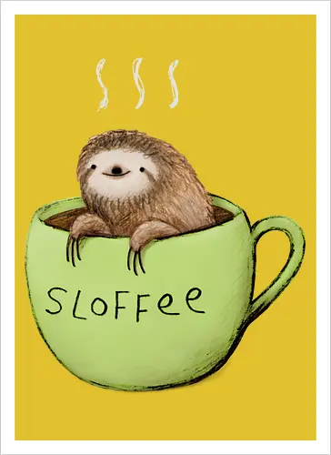 Braunes Faultier Grüne Kaffeetasse Dampf Süßes Wortspiel - Faultier in Kaffeetasse, lebhafte grüne dampfende Tasse, lächelndes ruhiges Faultier, Tier Kaffee Wortspiel, Morgen Humor Kaffee Kunst, handgefertigte Faultier Illustration, strukturiertes braunes beiges Fell, weißer Dampf heißer Kaffee, Kaffee Faultier Liebhaber Geschenk, Faultier Tasse Shirt, Krallen hängende Tassenrand, süßer Morgen Kaffee Humor, englisches Tier Kaffee Wortspiel, entspanntes Faultier in Tasse, kreative Kaffee Tier Kunst - Artprint