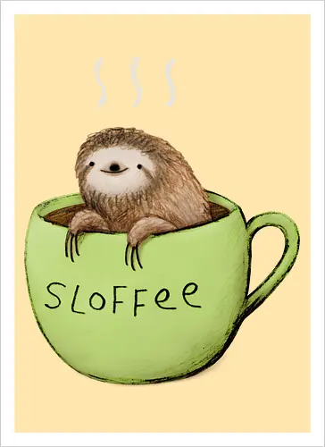 Braunes Faultier Grüne Kaffeetasse Dampf Süßes Wortspiel - Faultier in Kaffeetasse, lebhafte grüne dampfende Tasse, lächelndes ruhiges Faultier, Tier Kaffee Wortspiel, Morgen Humor Kaffee Kunst, handgefertigte Faultier Illustration, strukturiertes braunes beiges Fell, weißer Dampf heißer Kaffee, Kaffee Faultier Liebhaber Geschenk, Faultier Tasse Shirt, Krallen hängende Tassenrand, süßer Morgen Kaffee Humor, englisches Tier Kaffee Wortspiel, entspanntes Faultier in Tasse, kreative Kaffee Tier Kunst - Artprint