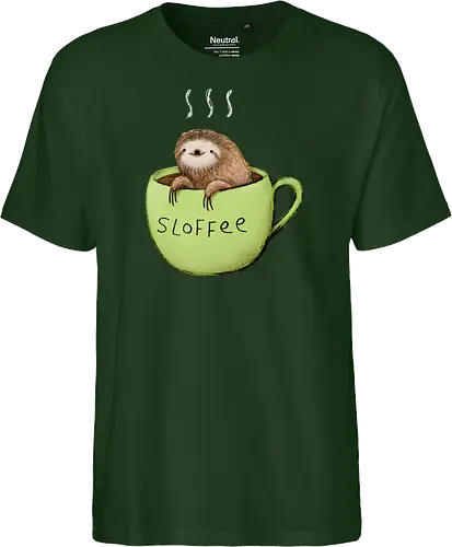 Braunes Faultier Grüne Kaffeetasse Dampf Süßes Wortspiel - Faultier in Kaffeetasse, lebhafte grüne dampfende Tasse, lächelndes ruhiges Faultier, Tier Kaffee Wortspiel, Morgen Humor Kaffee Kunst, handgefertigte Faultier Illustration, strukturiertes braunes beiges Fell, weißer Dampf heißer Kaffee, Kaffee Faultier Liebhaber Geschenk, Faultier Tasse Shirt, Krallen hängende Tassenrand, süßer Morgen Kaffee Humor, englisches Tier Kaffee Wortspiel, entspanntes Faultier in Tasse, kreative Kaffee Tier Kunst - Fairtrade T-Shirt