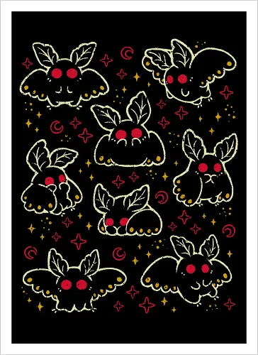 Cute Mothman - cute mothman, kawaii mothman, cryptid, paranormal, red eyes, creepy cute, spooky cute, goth, dark, monster, winged bipedal, crescent moon, seamless, pattern, xmorfina - Artprint