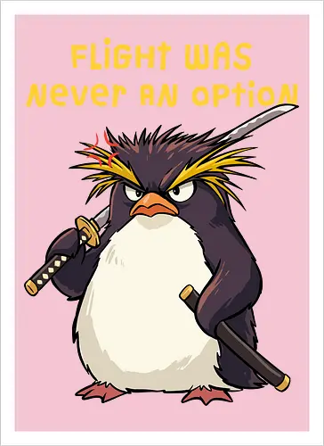 Flight Was Never An Option - flight was never an option, angry, bird, dark humor, flight, funny penguin, katana, martial arts, ninja, penguin, penguin meme, rockhopper penguin, samurai, sword, warrior - Artprint