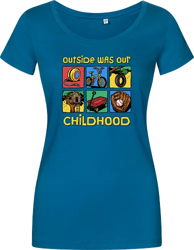 Outside Was Our Childhood - 90s nostalgia, 80s, 90s kids, adventure, childhood, classic, gen x humor, generation x, im this old, nostalgic, outdoors, outside, retro, sarcastic, vintage - Women T-Shirt
