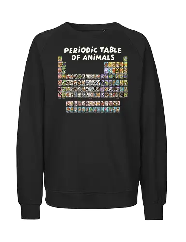 Periodic Table Of Animals - periodic table, animals, can i lick it, chemist, chemistry, chemistry teacher, funny, i wear this periodically, laboratory, molecule, periodic table of elements, physics, science, science humor, scientist - Fairtrade Sweatshirt