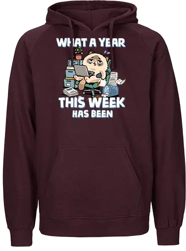 What A Year This Week Has Been - student life, teacher life, tired, weekend, what a year, work humor, cat, back to school, burnout, coffee, exhausted, friday, meme, monday, office humor - Fairtrade Hoodie