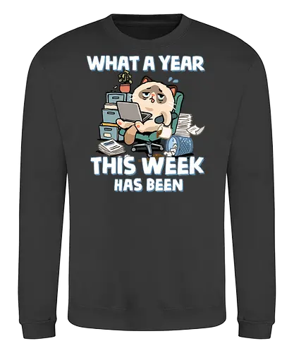 What A Year This Week Has Been - student life, teacher life, tired, weekend, what a year, work humor, cat, back to school, burnout, coffee, exhausted, friday, meme, monday, office humor - Sweatshirt