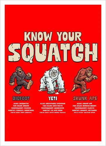 Know Your Squatch - i want to believe, nature, skunk ape, squatch, the truth is out there, x files, yeti, sasquatch, adventure, bigfoot, camping, creature, cryptid, hiking, horror - Artprint