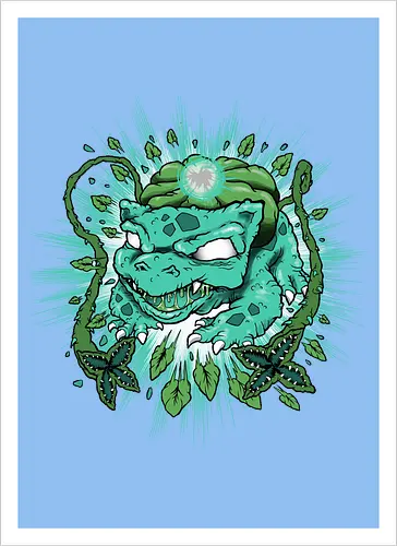 Wildes Grünes Wesen mit Ranken und Mystischem Glühen - grünes Wesen, Pflanzenmonster, dornige Ranken, mystisches Glühen, leuchtende Augen, scharfe Zähne, Starter, Mouse, alternative Kunst, digitale Illustration, Fantasiewesen, Underground-Stil, Starter, Pocket, Kanto, Ivysaur, Venusaur, Starter, Retro-Blätter, dunkler Hintergrund, wildes Wesen, lebendige Illustration, mystisches Monster - Artprint