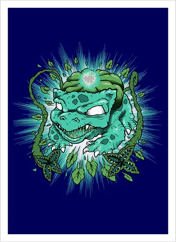 Wildes Grünes Wesen mit Ranken und Mystischem Glühen - grünes Wesen, Pflanzenmonster, dornige Ranken, mystisches Glühen, leuchtende Augen, scharfe Zähne, Starter, Mouse, alternative Kunst, digitale Illustration, Fantasiewesen, Underground-Stil, Starter, Pocket, Kanto, Ivysaur, Venusaur, Starter, Retro-Blätter, dunkler Hintergrund, wildes Wesen, lebendige Illustration, mystisches Monster - Artprint