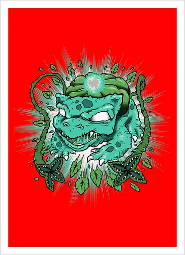 Wildes Grünes Wesen mit Ranken und Mystischem Glühen - grünes Wesen, Pflanzenmonster, dornige Ranken, mystisches Glühen, leuchtende Augen, scharfe Zähne, Starter, Mouse, alternative Kunst, digitale Illustration, Fantasiewesen, Underground-Stil, Starter, Pocket, Kanto, Ivysaur, Venusaur, Starter, Retro-Blätter, dunkler Hintergrund, wildes Wesen, lebendige Illustration, mystisches Monster - Artprint