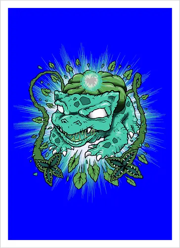 Wildes Grünes Wesen mit Ranken und Mystischem Glühen - grünes Wesen, Pflanzenmonster, dornige Ranken, mystisches Glühen, leuchtende Augen, scharfe Zähne, Starter, Mouse, alternative Kunst, digitale Illustration, Fantasiewesen, Underground-Stil, Starter, Pocket, Kanto, Ivysaur, Venusaur, Starter, Retro-Blätter, dunkler Hintergrund, wildes Wesen, lebendige Illustration, mystisches Monster - Artprint