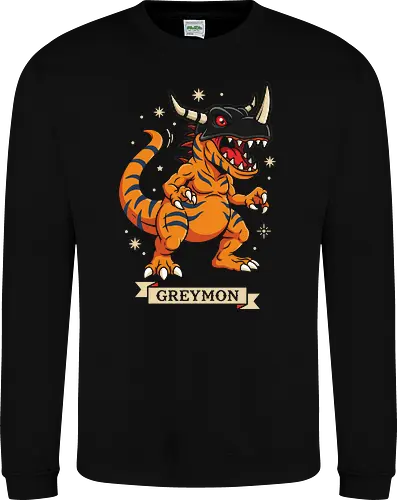 Digital Champion: The Horned Rex - Greymon shirt, retro digital monster graphic, 90s anime apparel, nostalgic gamer streetwear, dinosaur anime design, vintage pop culture tee, orange t rex clothing, anime champion merch, geeky aesthetic fashion, classic monster taming shirt - Sweatshirt