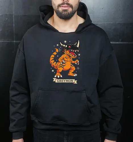 Digital Champion: The Horned Rex - Greymon shirt, retro digital monster graphic, 90s anime apparel, nostalgic gamer streetwear, dinosaur anime design, vintage pop culture tee, orange t rex clothing, anime champion merch, geeky aesthetic fashion, classic monster taming shirt - Cropped Hoodie