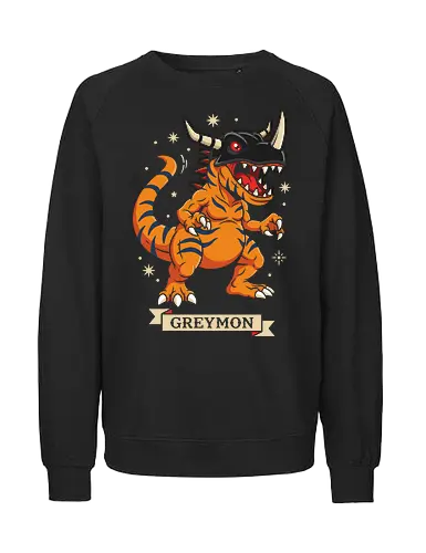 Digital Champion: The Horned Rex - Greymon shirt, retro digital monster graphic, 90s anime apparel, nostalgic gamer streetwear, dinosaur anime design, vintage pop culture tee, orange t rex clothing, anime champion merch, geeky aesthetic fashion, classic monster taming shirt - Fairtrade Sweatshirt