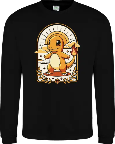 Golden Embers: The Fire Starter - Charmander shirt, retro gaming graphic tee, fire starter apparel, aesthetic anime streetwear, vintage pop culture clothing, nostalgic 90s gamer merch, kawaii monster design, art deco anime shirt, pastel orange aesthetic, cute lizard graphic - Sweatshirt
