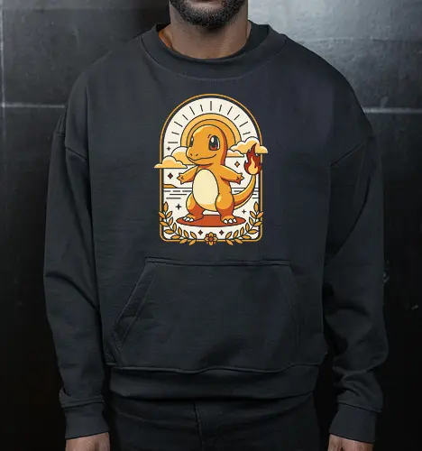 Golden Embers: The Fire Starter - Charmander shirt, retro gaming graphic tee, fire starter apparel, aesthetic anime streetwear, vintage pop culture clothing, nostalgic 90s gamer merch, kawaii monster design, art deco anime shirt, pastel orange aesthetic, cute lizard graphic - Cropped Sweatshirt