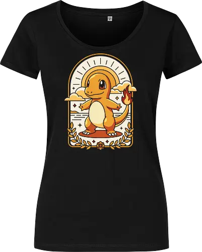Golden Embers: The Fire Starter - Charmander shirt, retro gaming graphic tee, fire starter apparel, aesthetic anime streetwear, vintage pop culture clothing, nostalgic 90s gamer merch, kawaii monster design, art deco anime shirt, pastel orange aesthetic, cute lizard graphic - Women T-Shirt