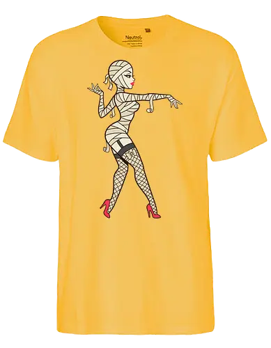 Mummy Pin-Up Girl Graphic Tee - mummy pin up girl, sexy halloween shirt, spooky pinup art, vintage horror graphic, rockabilly halloween tee, retro mummy design, burlesque monster girl, gothic pinup print, funny halloween costume, classic horror pin up - Fairtrade T-Shirt