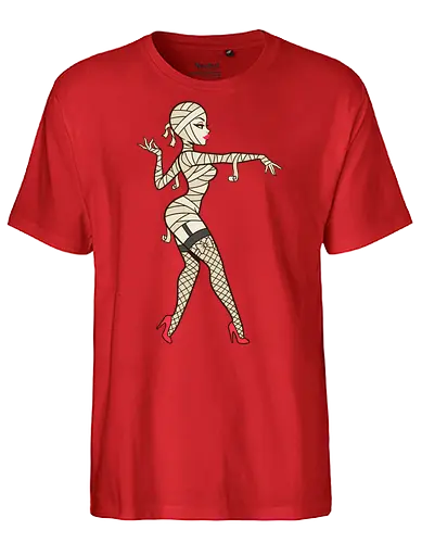 Mummy Pin-Up Girl Graphic Tee - mummy pin up girl, sexy halloween shirt, spooky pinup art, vintage horror graphic, rockabilly halloween tee, retro mummy design, burlesque monster girl, gothic pinup print, funny halloween costume, classic horror pin up - Fairtrade T-Shirt