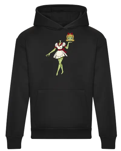 Zombie Waitress Serving Her Head - zombie waitress, headless zombie print, scary halloween shirt, creepy undead graphic, macabre illustration, unique zombie design, retro horror tee, waitress holding head print, zombie costume idea, weird halloween art - Heavyweight Hoodie