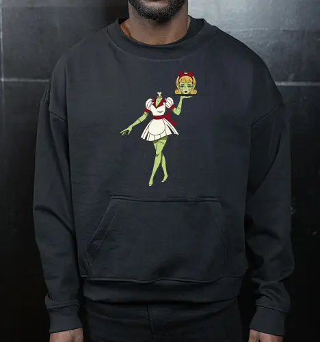 Zombie Waitress Serving Her Head - zombie waitress, headless zombie print, scary halloween shirt, creepy undead graphic, macabre illustration, unique zombie design, retro horror tee, waitress holding head print, zombie costume idea, weird halloween art - Cropped Sweatshirt