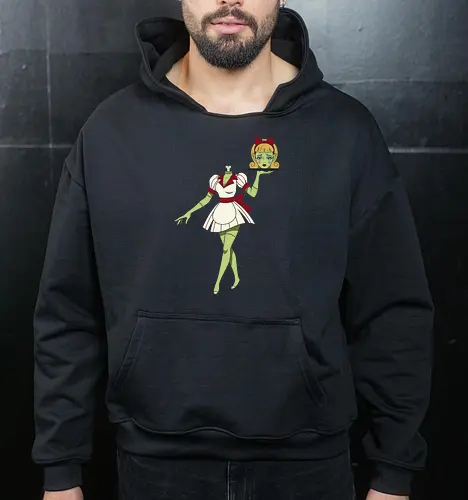 Zombie Waitress Serving Her Head - zombie waitress, headless zombie print, scary halloween shirt, creepy undead graphic, macabre illustration, unique zombie design, retro horror tee, waitress holding head print, zombie costume idea, weird halloween art - Cropped Hoodie