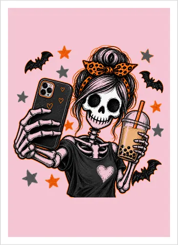 Skelett-Mädchen Selfie Boba Halloween - skelett mädchen, halloween, boba, bubble tea, selfie, kawaii, spooky, schädel, süß, lustig, kürbis, gruselig, halloween motiv, herbst - Artprint