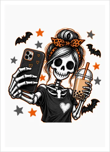 Skelett-Mädchen Selfie Boba Halloween - skelett mädchen, halloween, boba, bubble tea, selfie, kawaii, spooky, schädel, süß, lustig, kürbis, gruselig, halloween motiv, herbst - Artprint