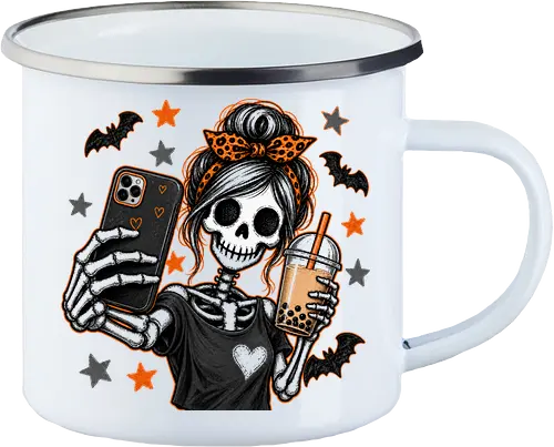 Skelett-Mädchen Selfie Boba Halloween - skelett mädchen, halloween, boba, bubble tea, selfie, kawaii, spooky, schädel, süß, lustig, kürbis, gruselig, halloween motiv, herbst - Enamel Mug