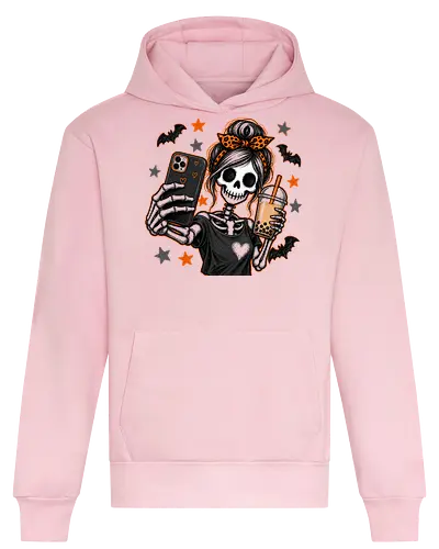 Skelett-Mädchen Selfie Boba Halloween - skelett mädchen, halloween, boba, bubble tea, selfie, kawaii, spooky, schädel, süß, lustig, kürbis, gruselig, halloween motiv, herbst - Heavyweight Hoodie
