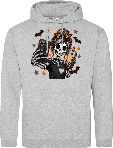 Skelett-Mädchen Selfie Boba Halloween - skelett mädchen, halloween, boba, bubble tea, selfie, kawaii, spooky, schädel, süß, lustig, kürbis, gruselig, halloween motiv, herbst - Standard Hoodie