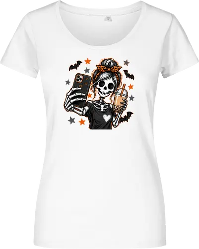 Skelett-Mädchen Selfie Boba Halloween - skelett mädchen, halloween, boba, bubble tea, selfie, kawaii, spooky, schädel, süß, lustig, kürbis, gruselig, halloween motiv, herbst - Women T-Shirt